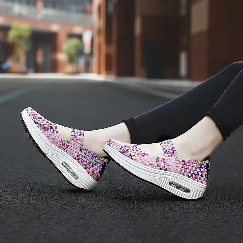 XIHAHA Breathable Casual Women Shoes Loafers Platform Wedges Autumn Woven Slip on Woman Nylon High Heel Pumps Square Dancing