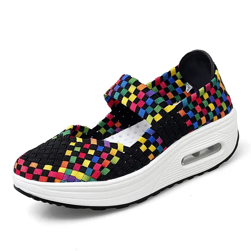 XIHAHA Breathable Casual Women Shoes Loafers Platform Wedges Autumn Woven Slip on Woman Nylon High Heel Pumps Square Dancing