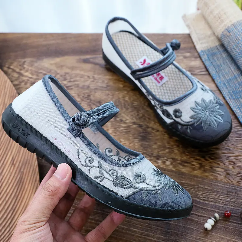 XIHAHA Vintage Handmade Embroidery Shoes Women's Embroidered Canvas Ballet Flats Ladies Comfortable Chinese Ballerinas Vegan
