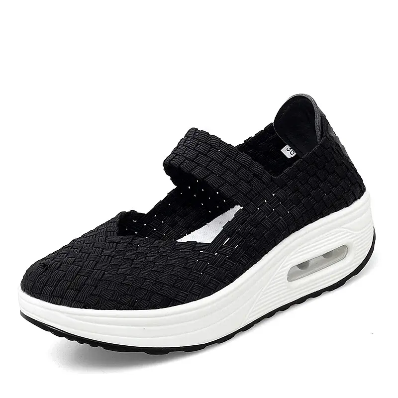 XIHAHA Breathable Casual Women Shoes Loafers Platform Wedges Autumn Woven Slip on Woman Nylon High Heel Pumps Square Dancing