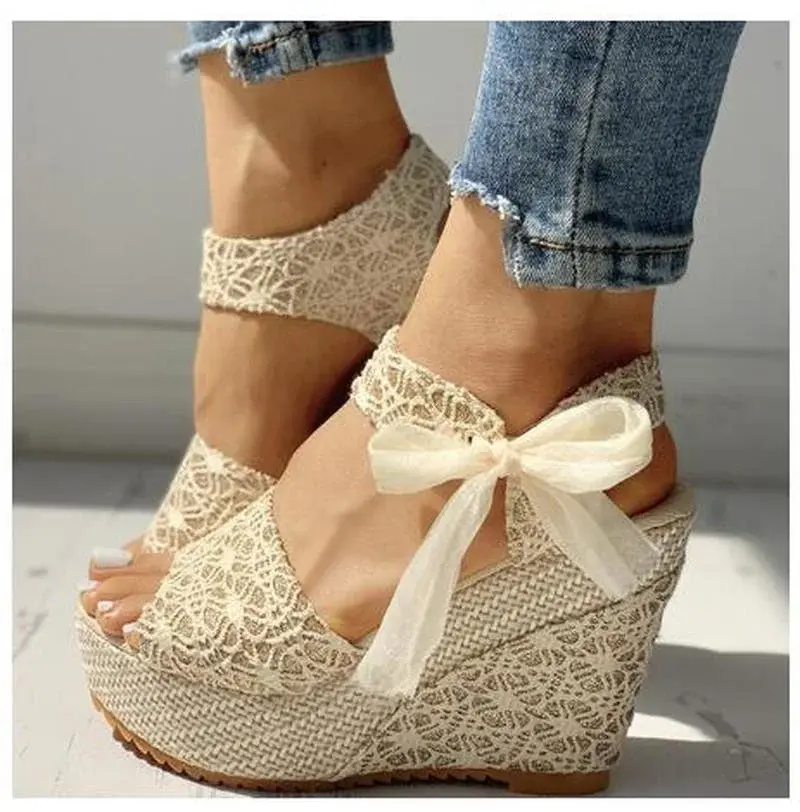 XIHAHA Hot Summer Leisure Lace Women Wedges Heeled Dance Shoes Girls Shoe Sandals Party Platform High Heels Woman Shoes Slippers
