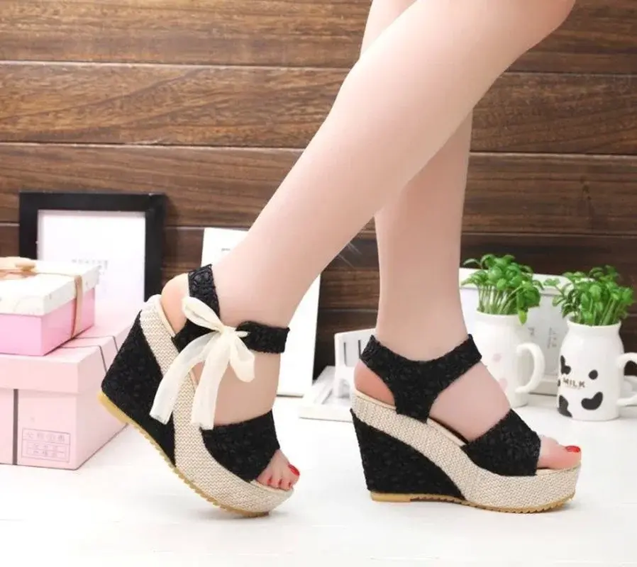 XIHAHA Hot Summer Leisure Lace Women Wedges Heeled Dance Shoes Girls Shoe Sandals Party Platform High Heels Woman Shoes Slippers