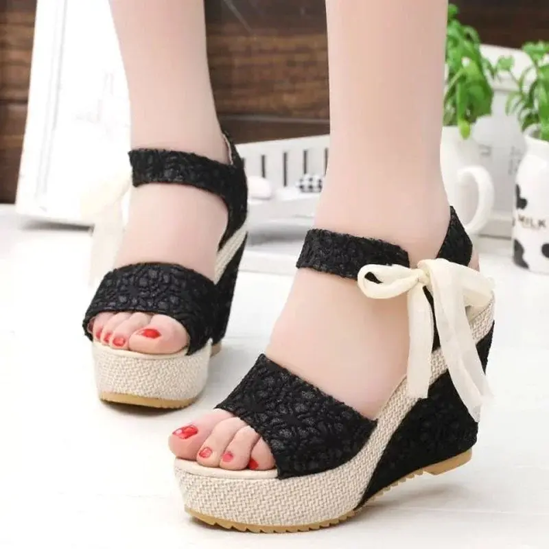 XIHAHA Hot Summer Leisure Lace Women Wedges Heeled Dance Shoes Girls Shoe Sandals Party Platform High Heels Woman Shoes Slippers