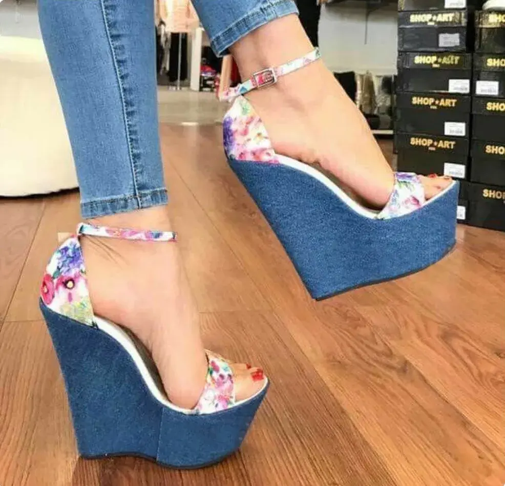 XIHAHA Designer Summer New Denim Sandals Roman Women's High Quality Shoe Wedges High Heels Peep-Toe Platform Shoes Woman Sandal