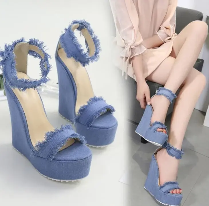 XIHAHA Designer Summer New Denim Sandals Roman Women's High Quality Shoe Wedges High Heels Peep-Toe Platform Shoes Woman Sandal