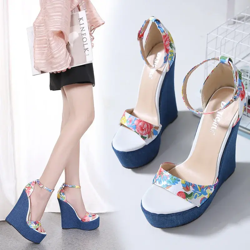 XIHAHA Designer Summer New Denim Sandals Roman Women's High Quality Shoe Wedges High Heels Peep-Toe Platform Shoes Woman Sandal