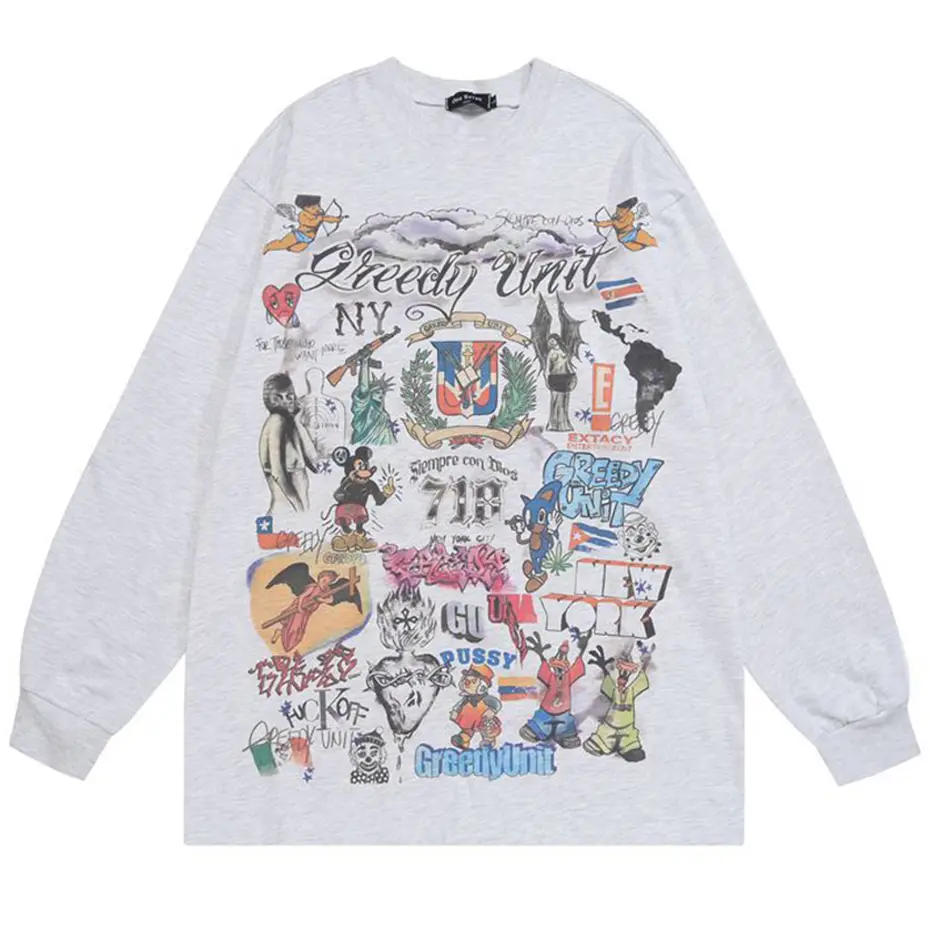 Men Retro Streetwear T Shirt Gods Graphic Hip Hop T-Shirt Cross Casual Tshirt Long Sleeve Cotton Tops Tees Unisex Hipster Beige