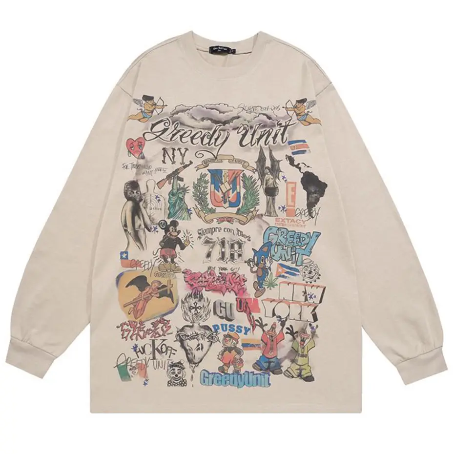 Men Retro Streetwear T Shirt Gods Graphic Hip Hop T-Shirt Cross Casual Tshirt Long Sleeve Cotton Tops Tees Unisex Hipster Beige