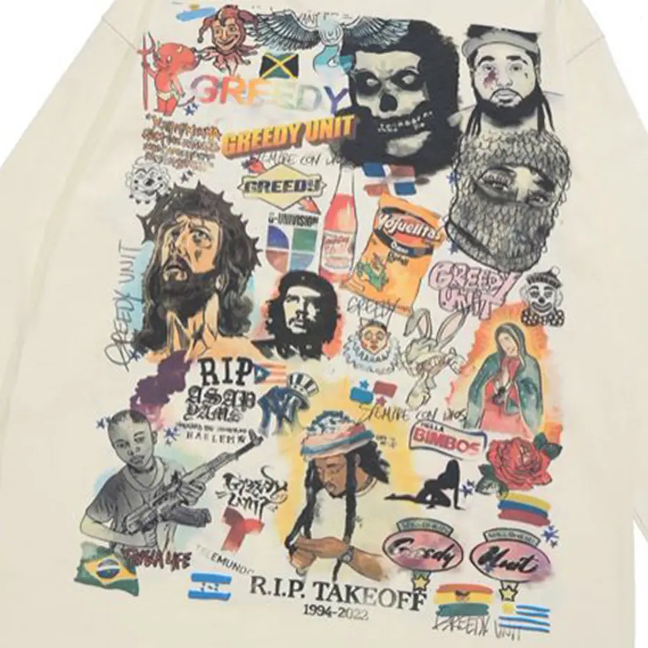 Men Retro Streetwear T Shirt Gods Graphic Hip Hop T-Shirt Cross Casual Tshirt Long Sleeve Cotton Tops Tees Unisex Hipster Beige