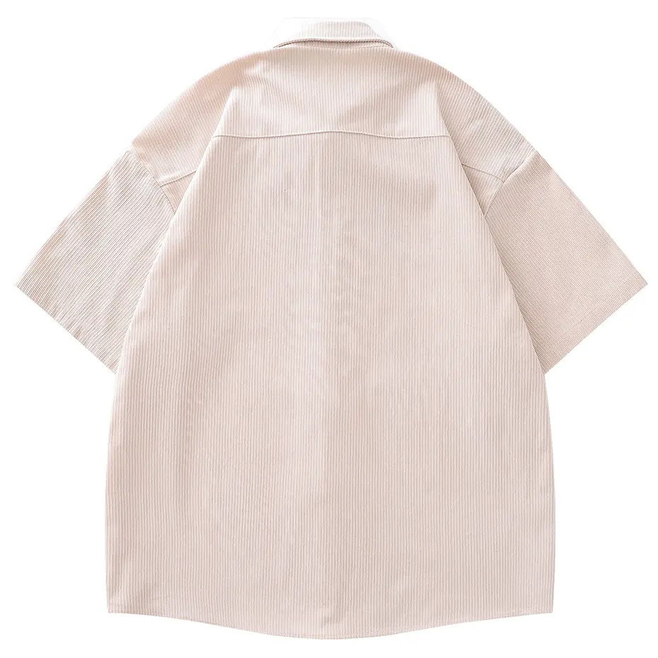 Rose Embroidery Corduroy Shirts Spring Autumn Button Up Blouse Men Vintage Loose Short Sleeve Shirts Tops