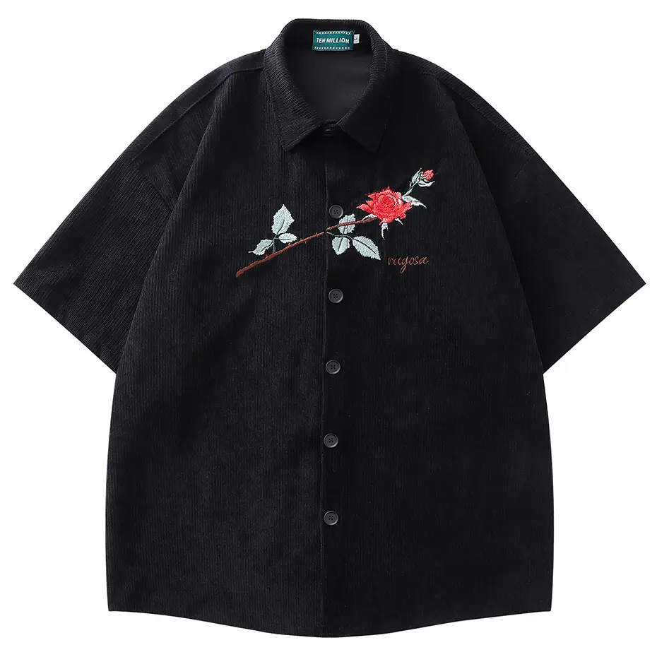 Rose Embroidery Corduroy Shirts Spring Autumn Button Up Blouse Men Vintage Loose Short Sleeve Shirts Tops