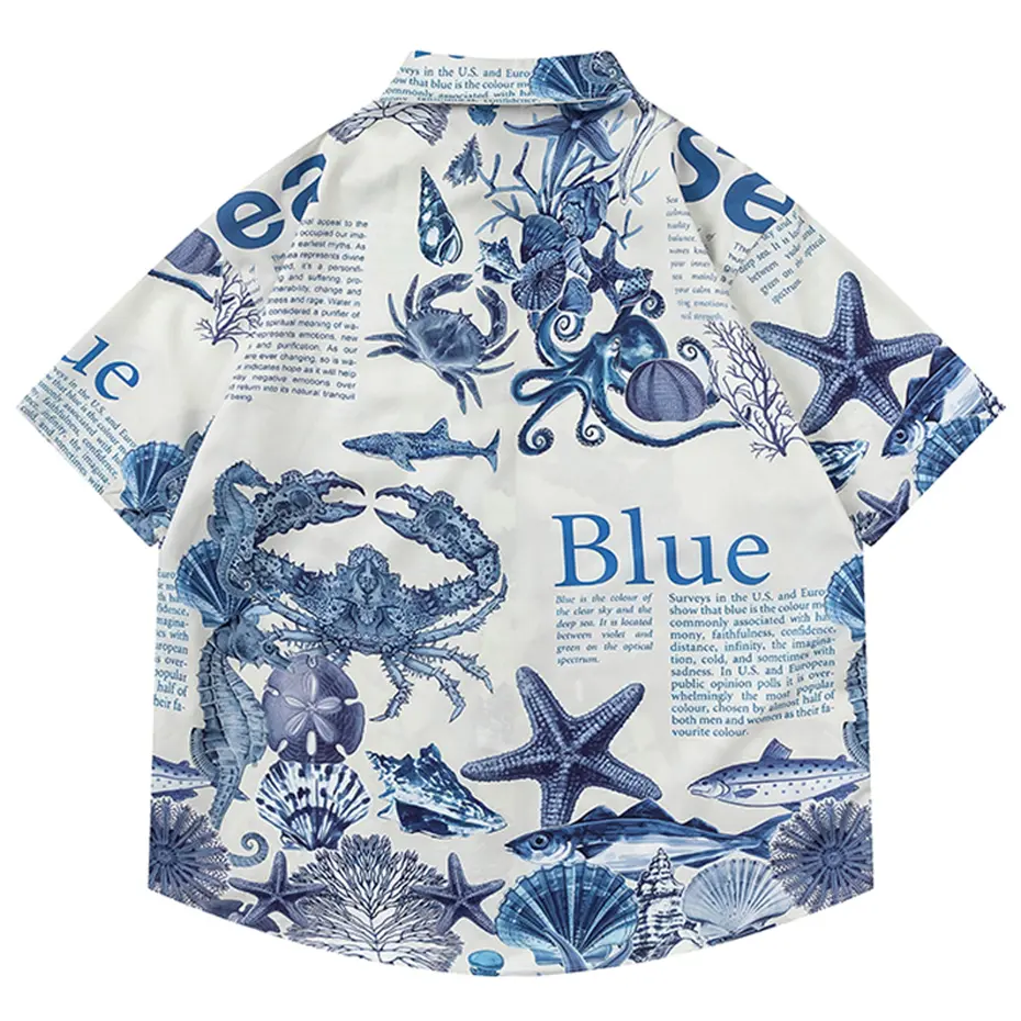 Sea World Letter Printed Shirts Japanese Harajuku Oversized Shirts Short Sleeve Button Up Blouse Men's Summer Hawaii Shirts Tops