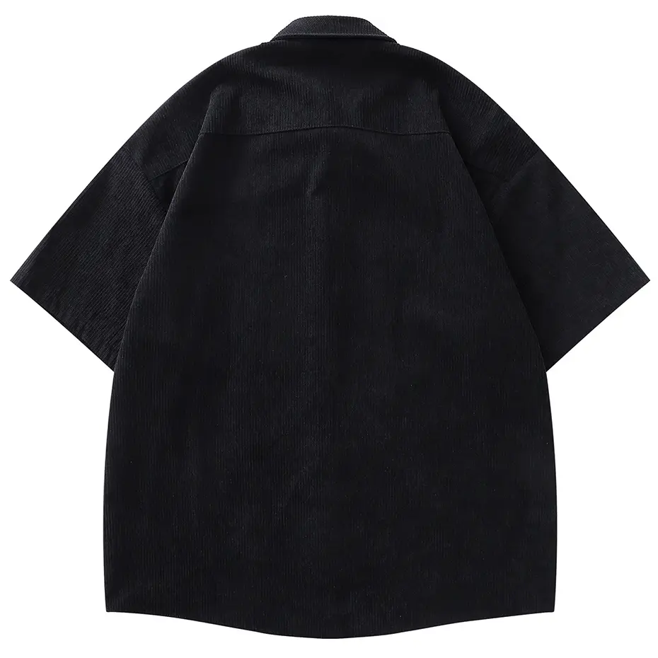 Rose Embroidery Corduroy Shirts Spring Autumn Button Up Blouse Men Vintage Loose Short Sleeve Shirts Tops