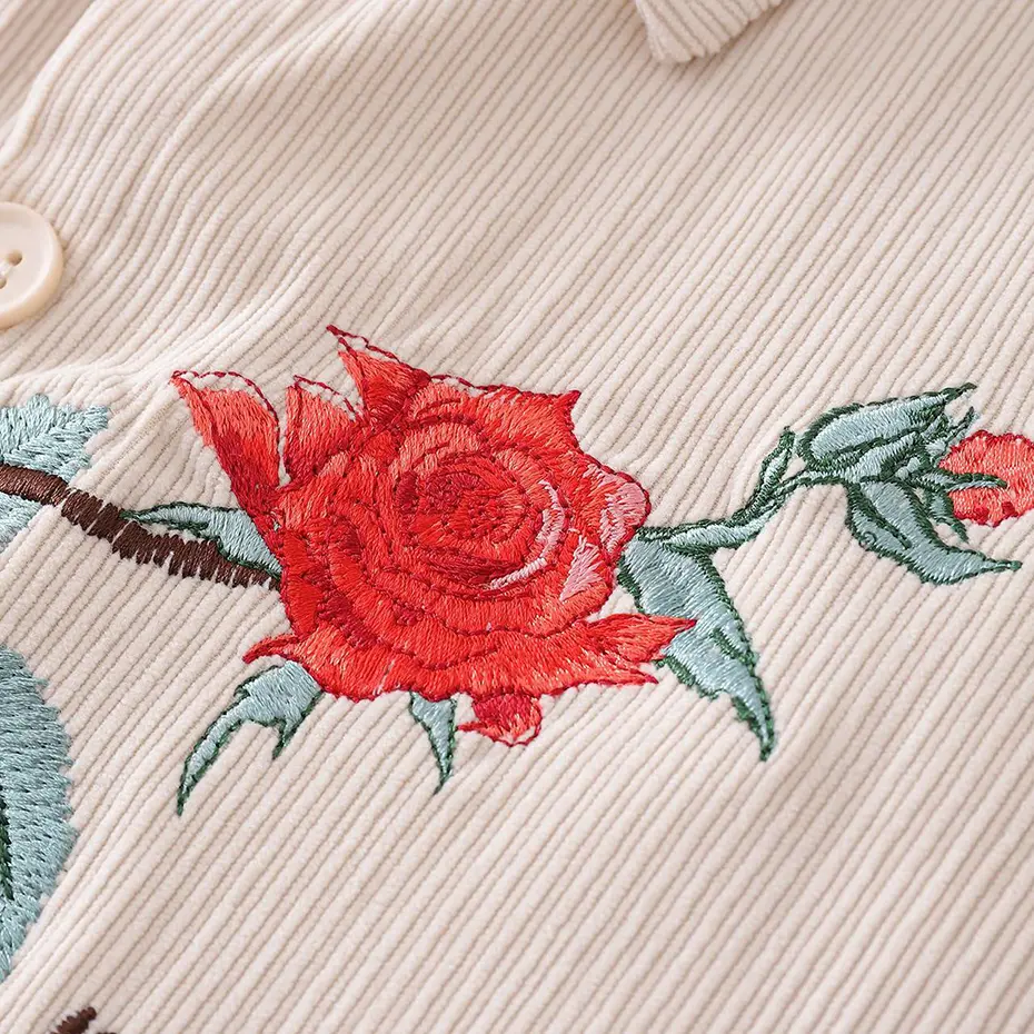 Rose Embroidery Corduroy Shirts Spring Autumn Button Up Blouse Men Vintage Loose Short Sleeve Shirts Tops