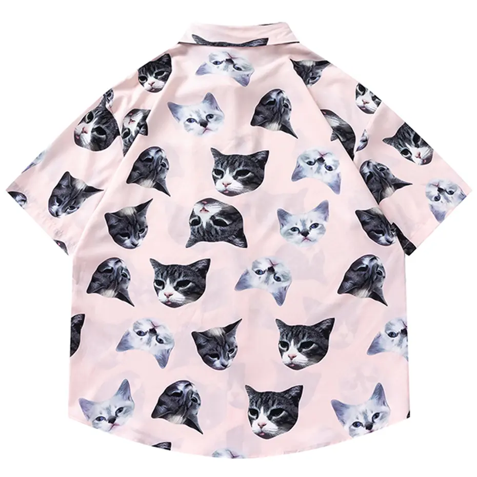 Summer Cat Graphic Printed Shirts Men Streetwear Oversized Hip Hop Harajuku Shirts Button Up Blouse Loose Short Sleeve Shirts