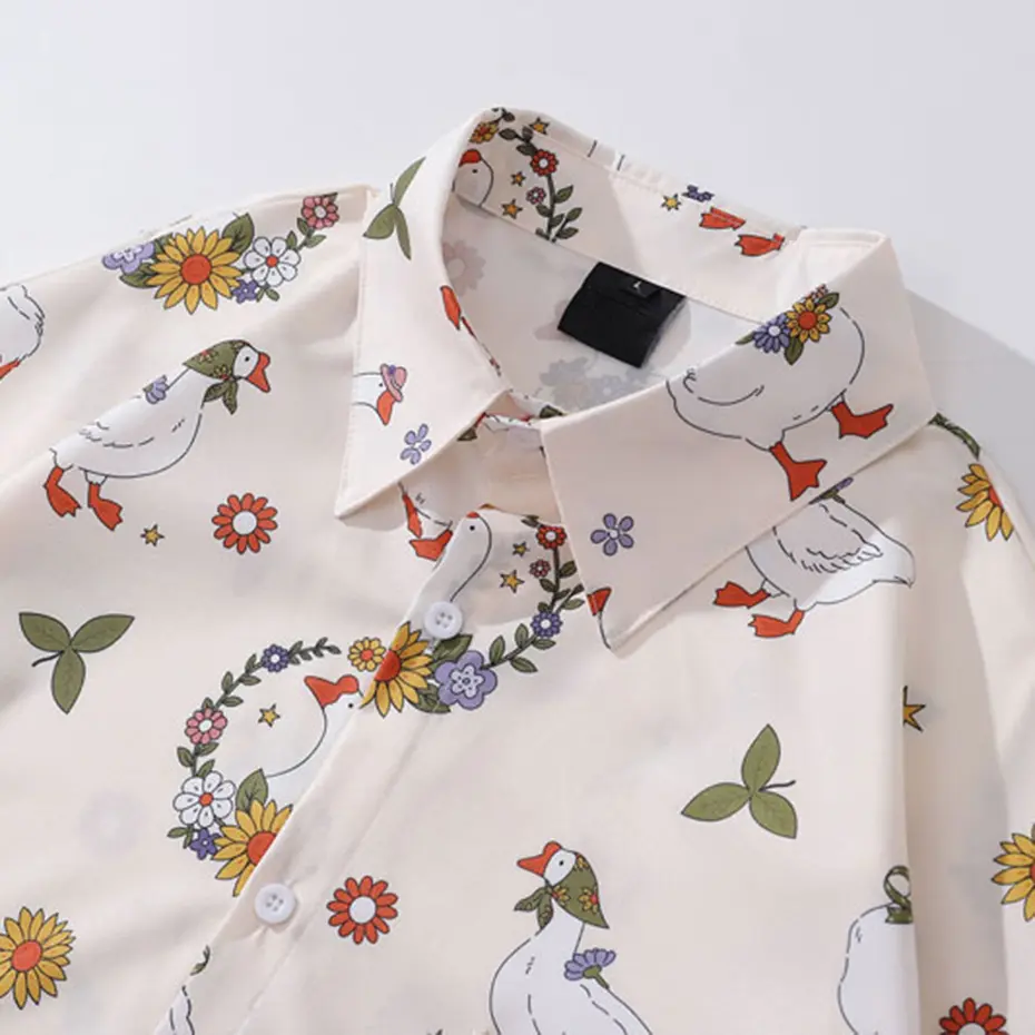 Funny Cartoon White Goose Duck Graphic Print Shirts Harajuku Short Sleeve Button Up Blouse 2024 Hip Hop Summer Loose Casual Tops