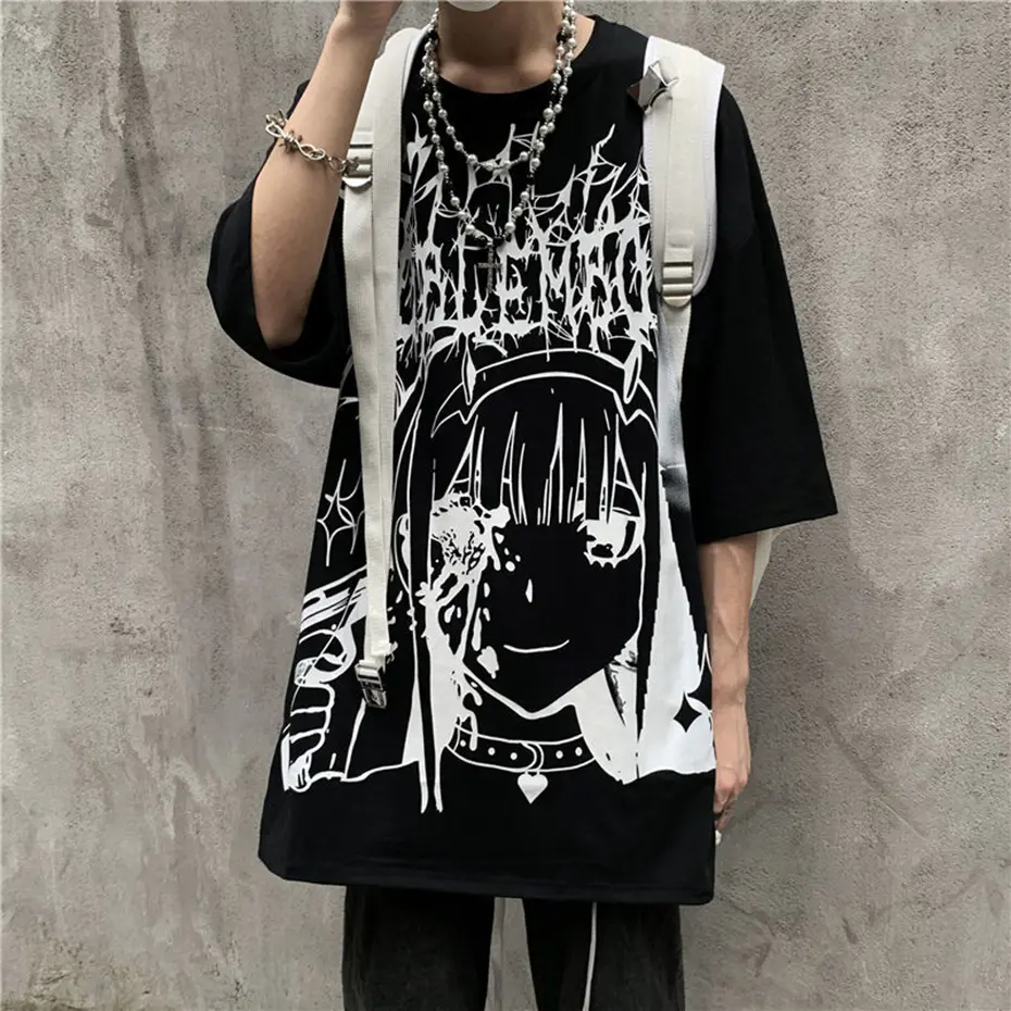 Gothic Anime T Shirt Men Hip Hop Top Tees Oversized Streetwear Harajuku T-shirt Black Short Sleeve Cotton Punk Tee Shirts Women
