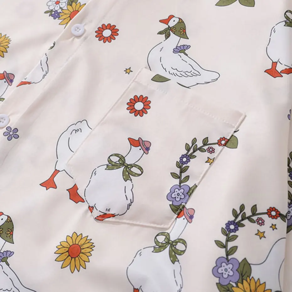 Funny Cartoon White Goose Duck Graphic Print Shirts Harajuku Short Sleeve Button Up Blouse 2024 Hip Hop Summer Loose Casual Tops