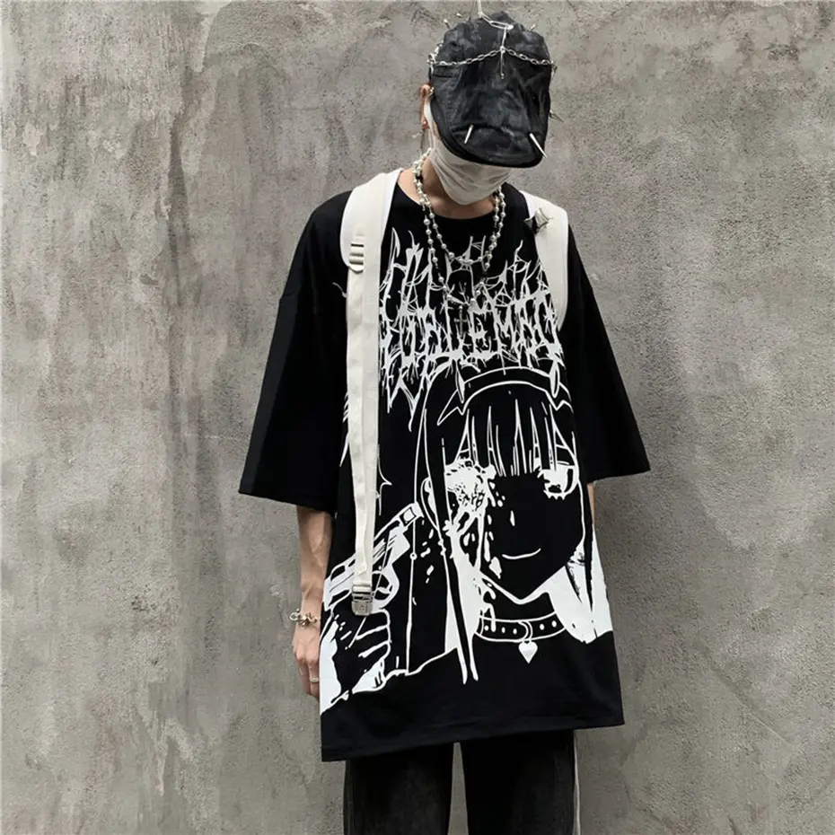 Gothic Anime T Shirt Men Hip Hop Top Tees Oversized Streetwear Harajuku T-shirt Black Short Sleeve Cotton Punk Tee Shirts Women
