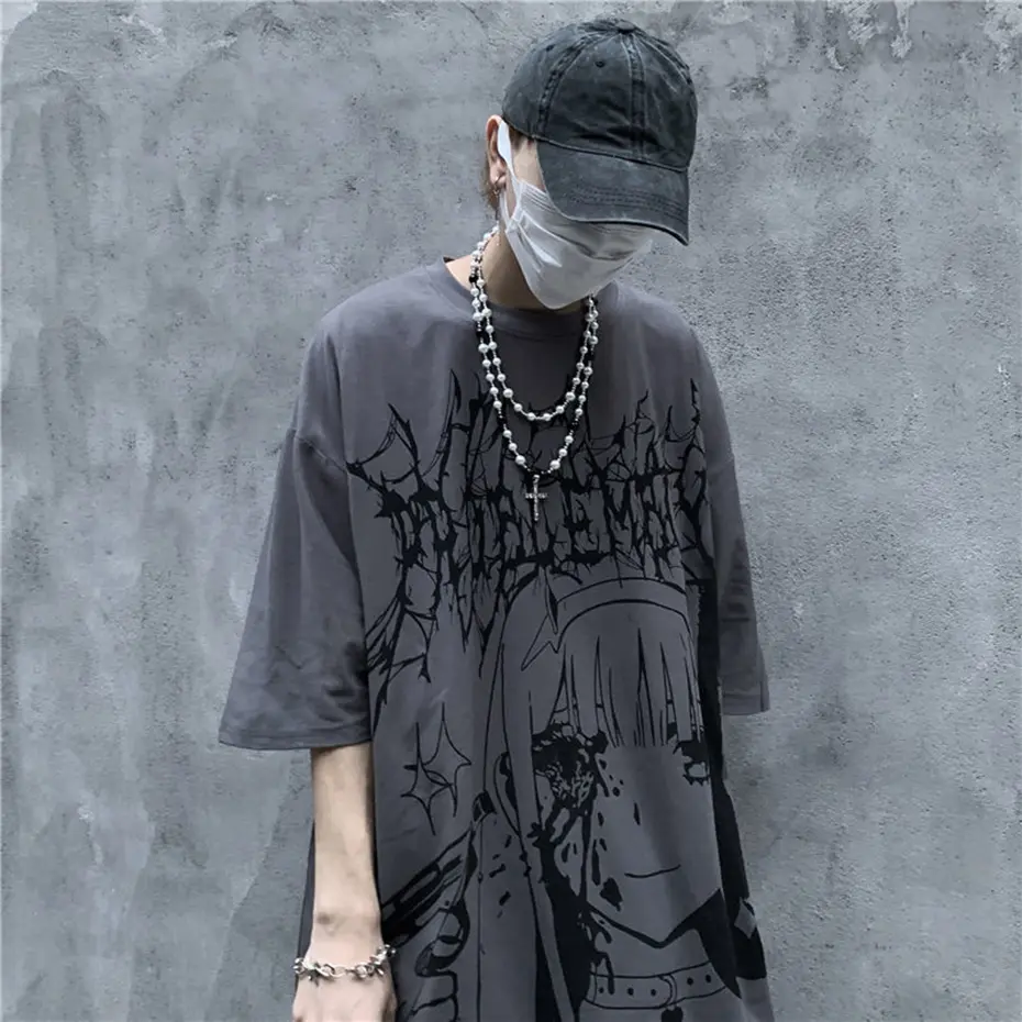 Gothic Anime T Shirt Men Hip Hop Top Tees Oversized Streetwear Harajuku T-shirt Black Short Sleeve Cotton Punk Tee Shirts Women