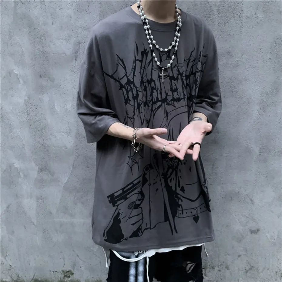 Gothic Anime T Shirt Men Hip Hop Top Tees Oversized Streetwear Harajuku T-shirt Black Short Sleeve Cotton Punk Tee Shirts Women