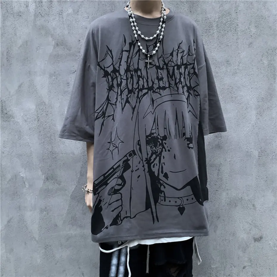 Gothic Anime T Shirt Men Hip Hop Top Tees Oversized Streetwear Harajuku T-shirt Black Short Sleeve Cotton Punk Tee Shirts Women
