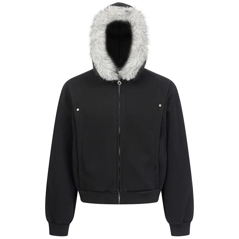 Fur Collar Hoodies Thicken Warm Hooded Sweatshirts Jackets Men Streetwear Harajuku Hip Hop Oversized Hoodies Black Gray
