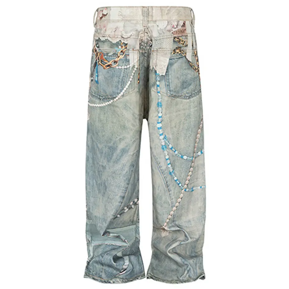 Pearl Graphic Baggy Jeans Unisex Blue Loose Straight Denim Pants Streetwear Harajuku Hip Hop Jeans with Print