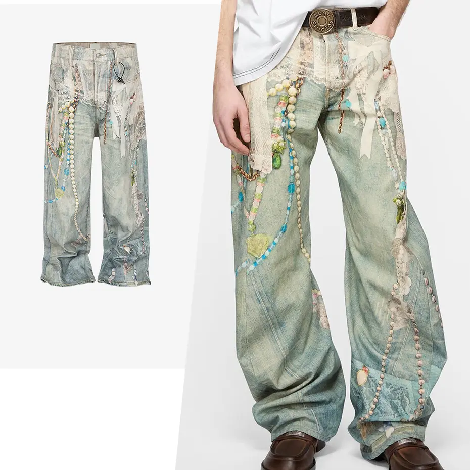 Pearl Graphic Baggy Jeans Unisex Blue Loose Straight Denim Pants Streetwear Harajuku Hip Hop Jeans with Print