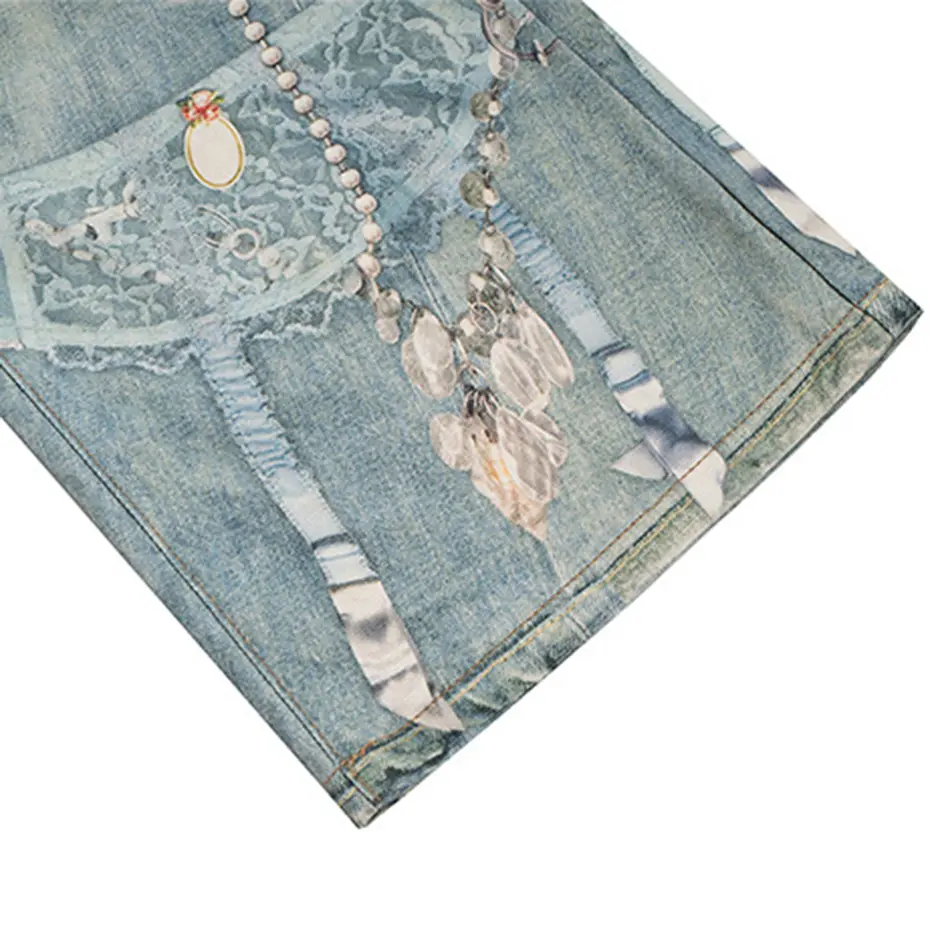 Pearl Graphic Baggy Jeans Unisex Blue Loose Straight Denim Pants Streetwear Harajuku Hip Hop Jeans with Print