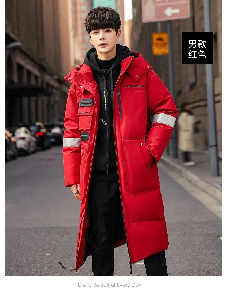 New Winter Men Hooded Long Puffer Jackets Couple Duck Down Coats Quality Male Over The Knee Winter Jackets Thicker Warm Coats