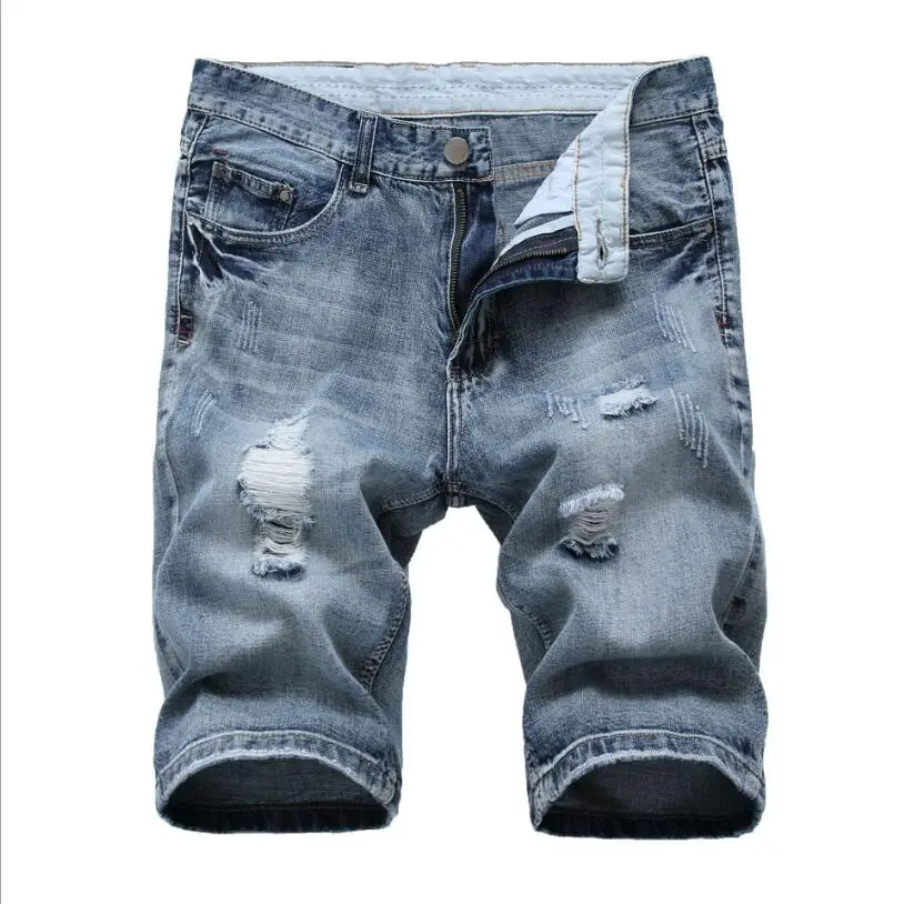 Men Light Blue Short Jeans Summer Holes Denim Shorts Good Quality Men Straight Loose Jean Shorts Jean Short Pants Size 40