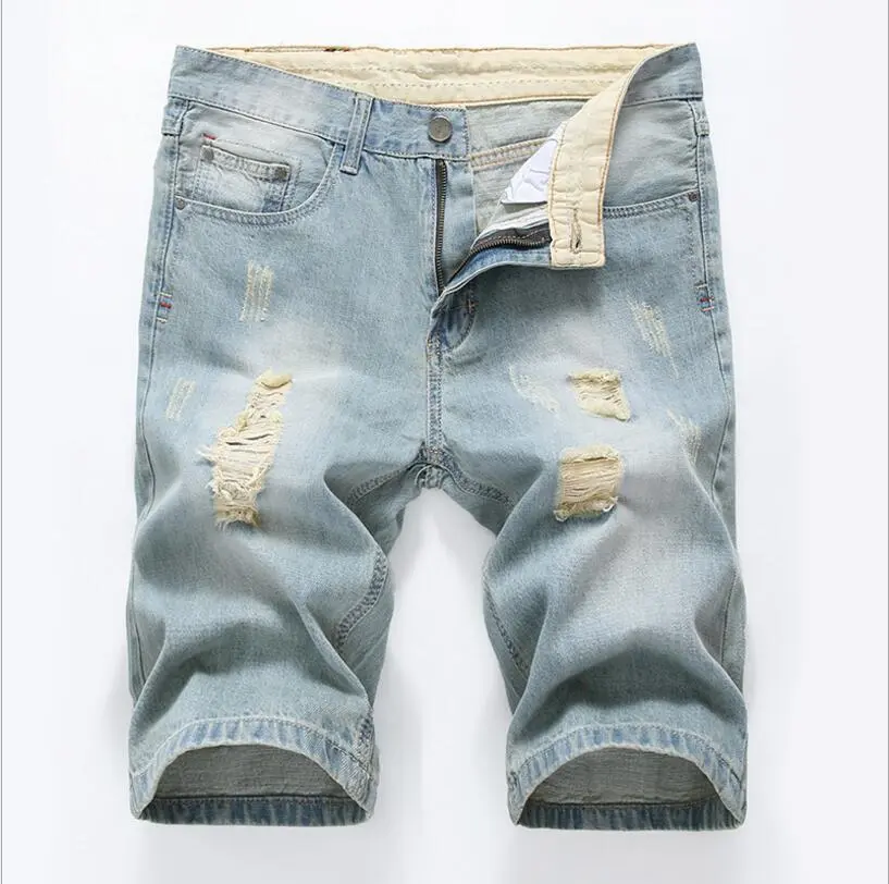 Men Light Blue Short Jeans Summer Holes Denim Shorts Good Quality Men Straight Loose Jean Shorts Jean Short Pants Size 40