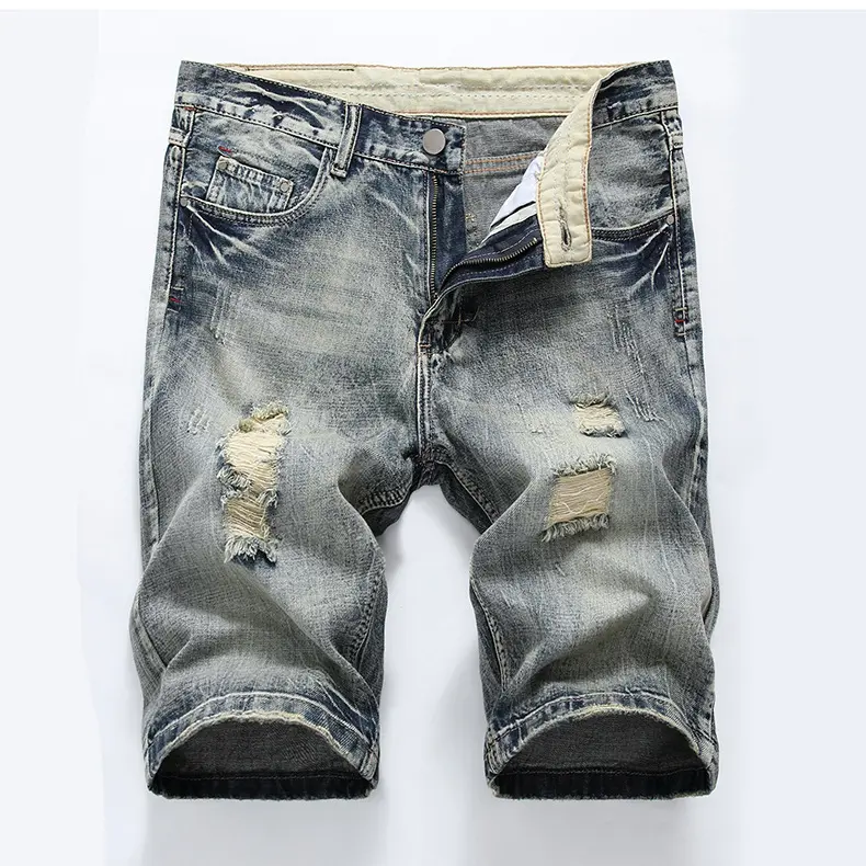 Men Light Blue Short Jeans Summer Holes Denim Shorts Good Quality Men Straight Loose Jean Shorts Jean Short Pants Size 40