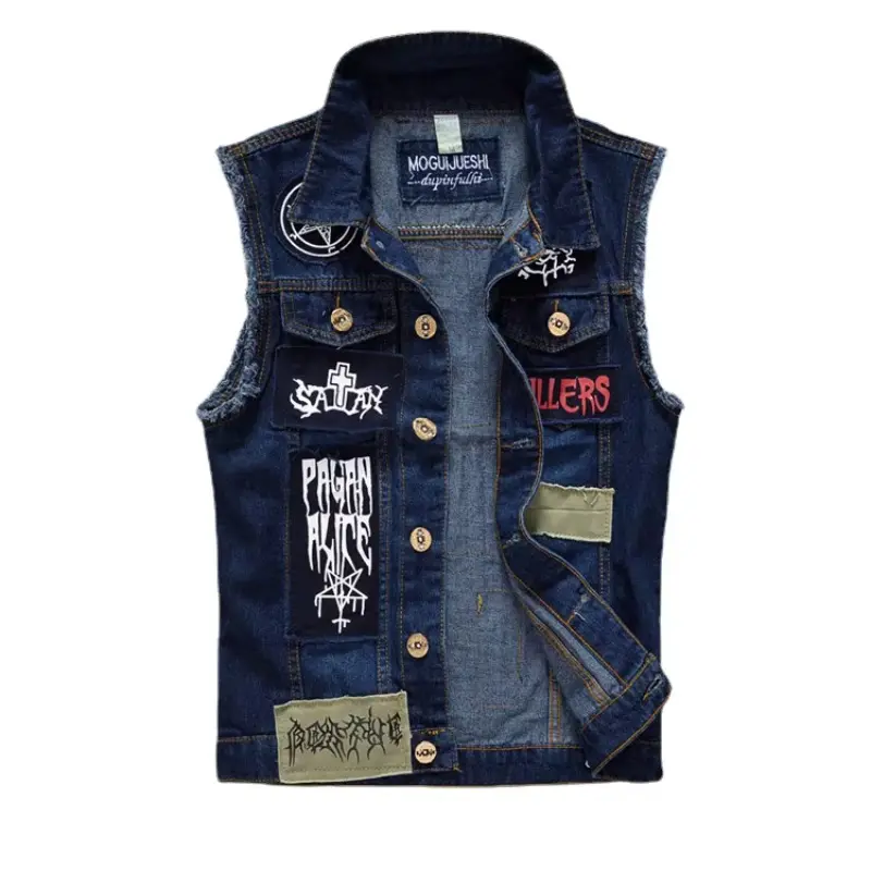 Men Patched Denim Vests Street Wear Style Waistcoats Jackets New Fashion Male Fit Denim Coats Vests Holes Jeans Vest Size S-5XL