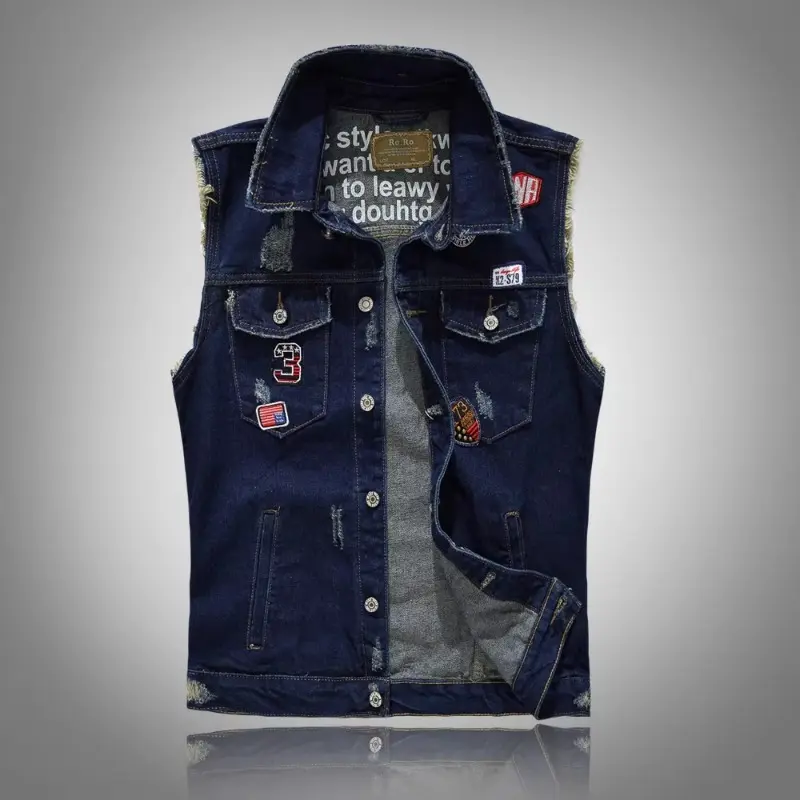 Men Patched Denim Vests Street Wear Style Waistcoats Jackets New Fashion Male Fit Denim Coats Vests Holes Jeans Vest Size S-5XL