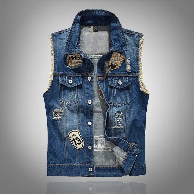 Men Patched Denim Vests Street Wear Style Waistcoats Jackets New Fashion Male Fit Denim Coats Vests Holes Jeans Vest Size S-5XL
