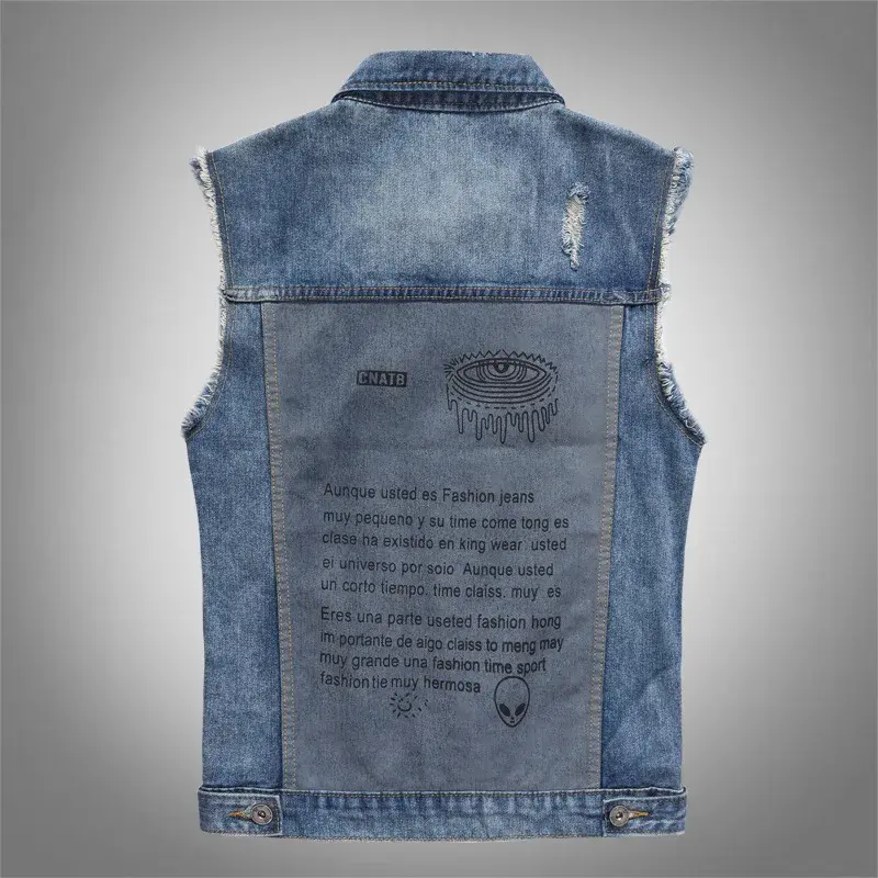 Men Patched Denim Vests Street Wear Style Waistcoats Jackets New Fashion Male Fit Denim Coats Vests Holes Jeans Vest Size S-5XL