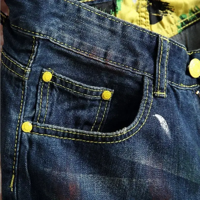 Men Holes Denim Shorts Novelty Style Jean Shorts Men Knee Length Short Jeans Fashion Male Straight Denim Shorts Casual Shorts 44