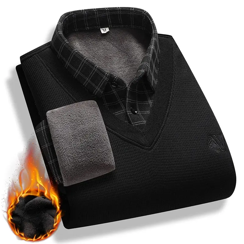 New Autumn Men Outwear Casual Twinset Shirts Pullovers Winter Knitted Sweaters Quality Male Fleece Warm Fake Two P Sweaters 4XL