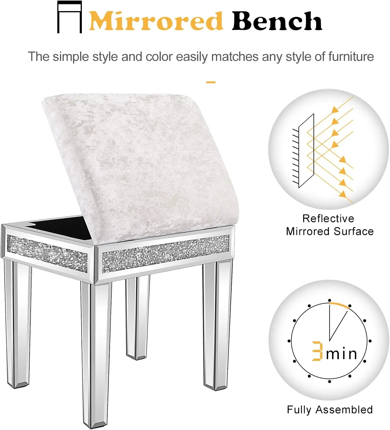 Mirrored Vanity Stool with Storage, Upholstered Velvet Ottoman, Makeup Dressing Table Bench with Sparking Diamonds, Silver