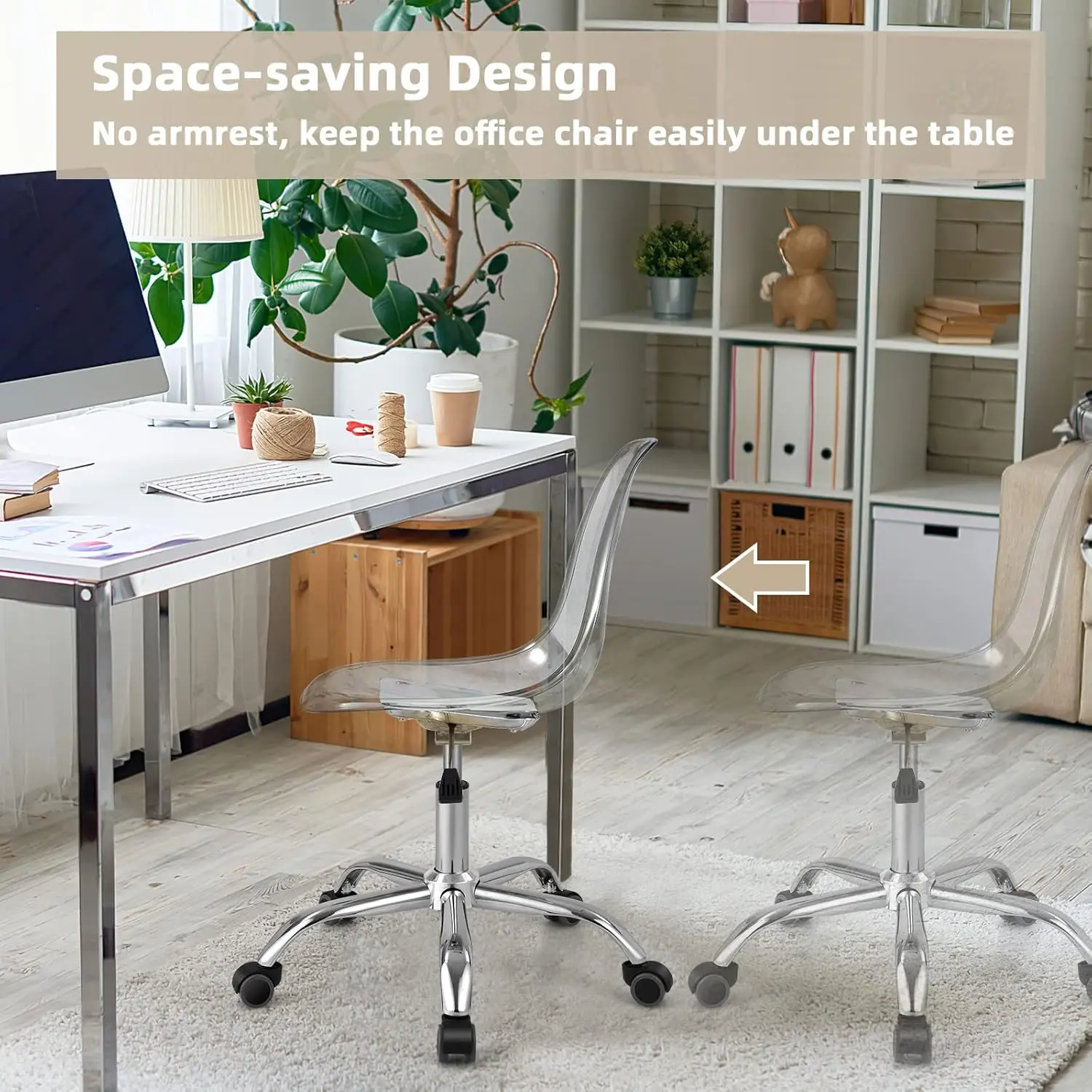 Acrylic Desk Chair, Clear Armless Office Rolling Chair, Height Adjustable Leisure Ghost Chair w/Chromed Base.
