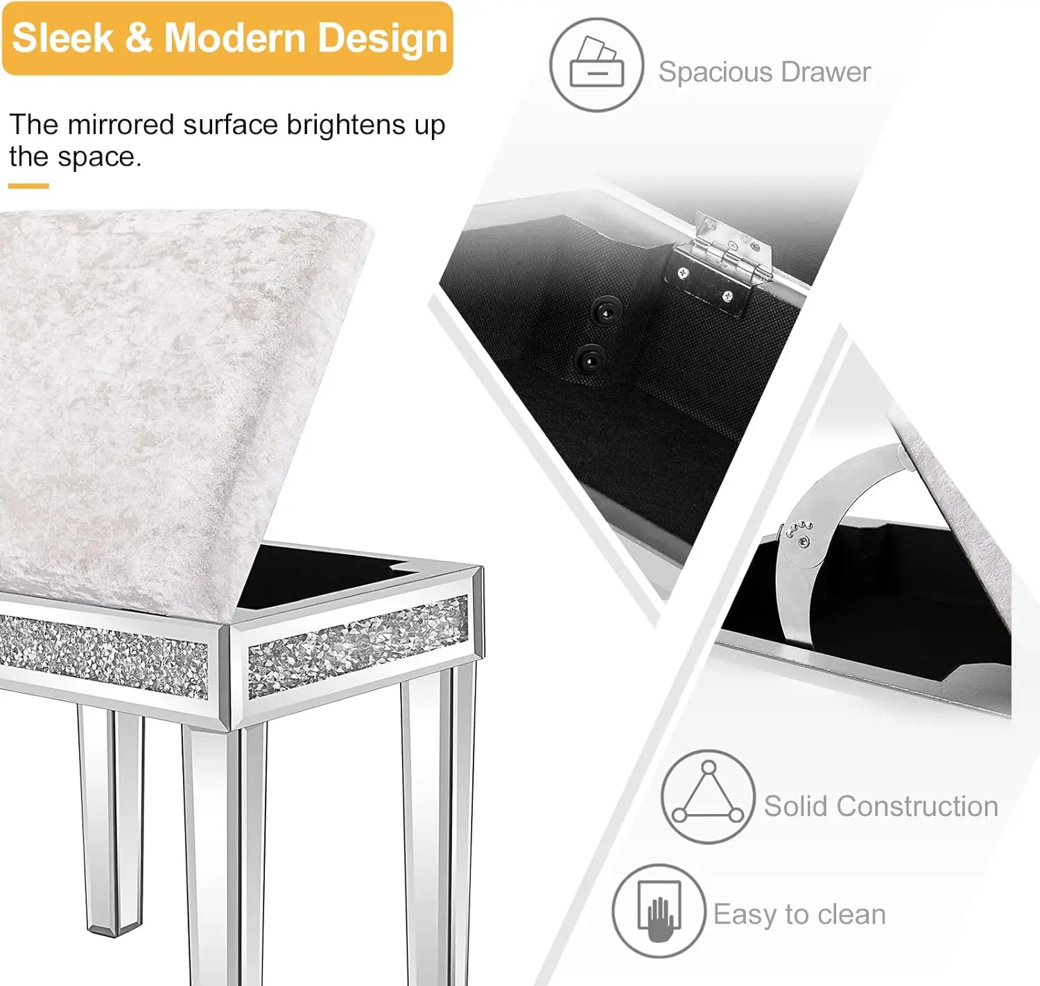 Mirrored Vanity Stool with Storage, Upholstered Velvet Ottoman, Makeup Dressing Table Bench with Sparking Diamonds, Silver