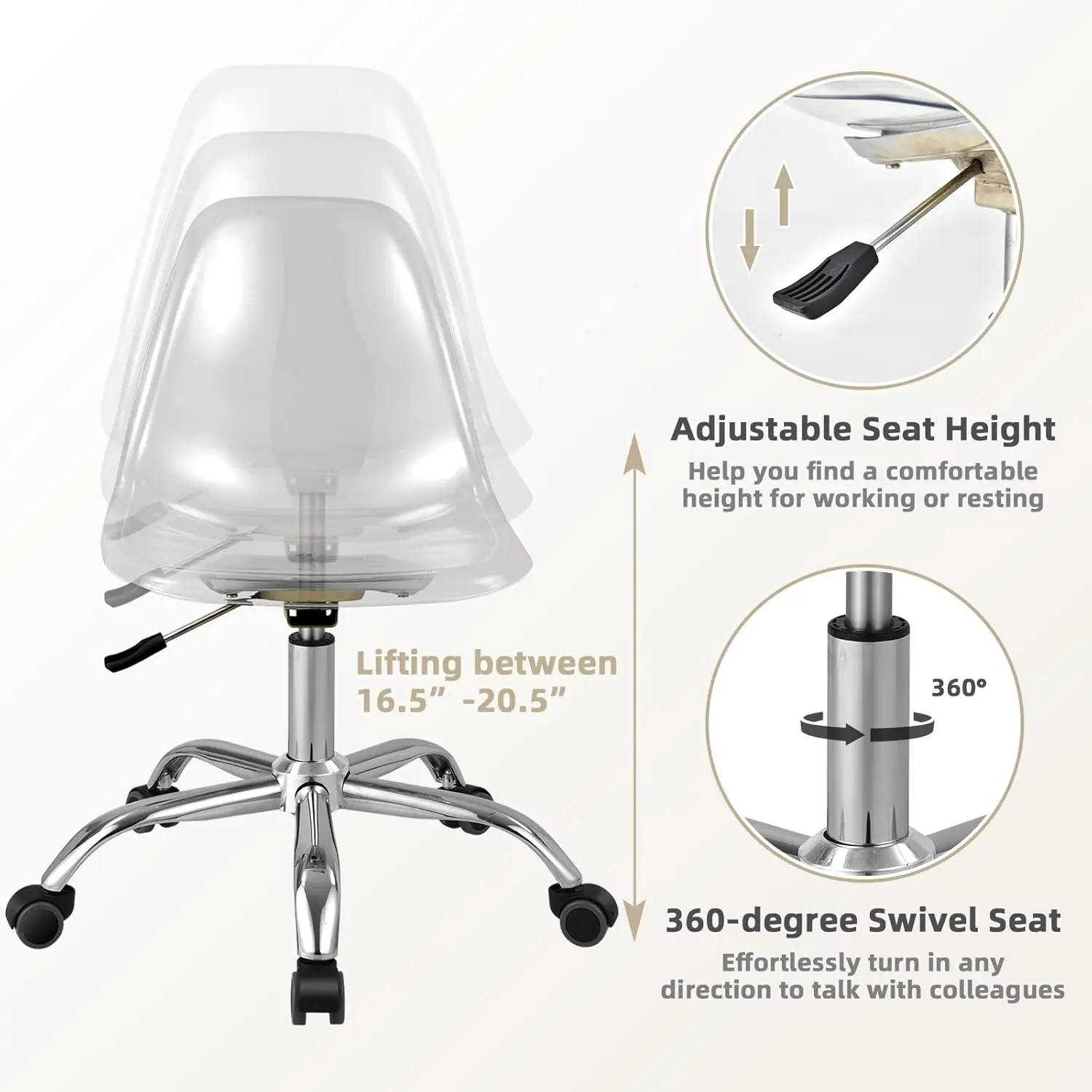 Acrylic Desk Chair, Clear Armless Office Rolling Chair, Height Adjustable Leisure Ghost Chair w/Chromed Base.