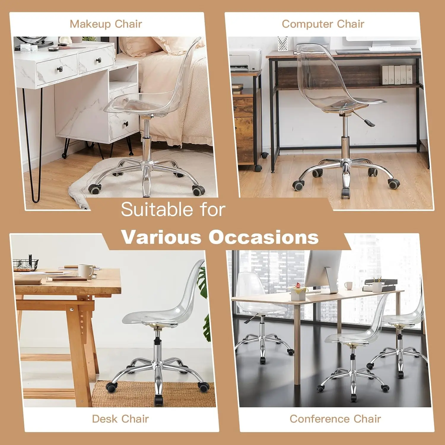 Acrylic Desk Chair, Clear Armless Office Rolling Chair, Height Adjustable Leisure Ghost Chair w/Chromed Base.