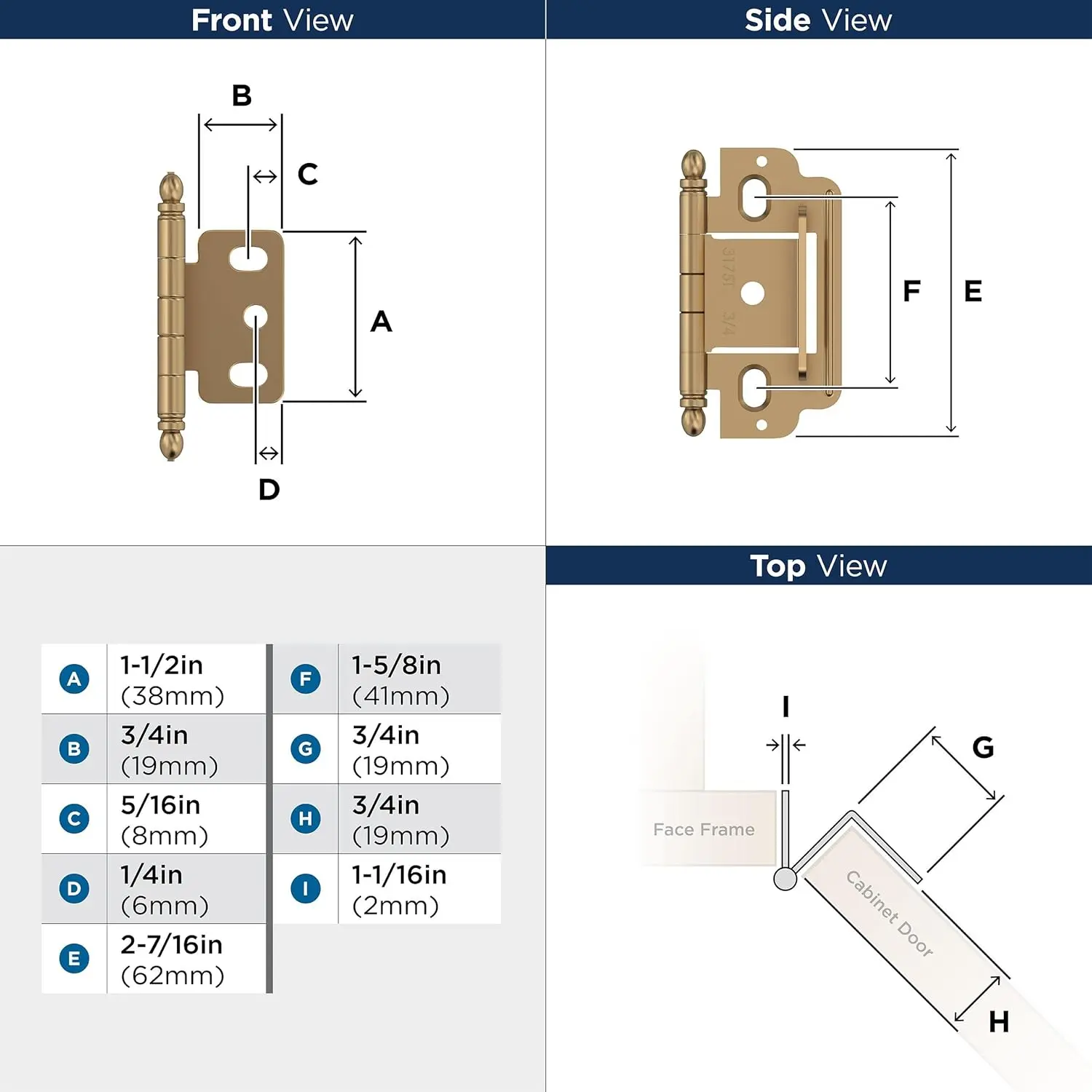 Cabinet Hinge，3/4 in. (19 mm) Door Thickness，Full Inset ，Partia，Wrap，Ball Tip， Champagne Bronze，Kitchen Cabinet