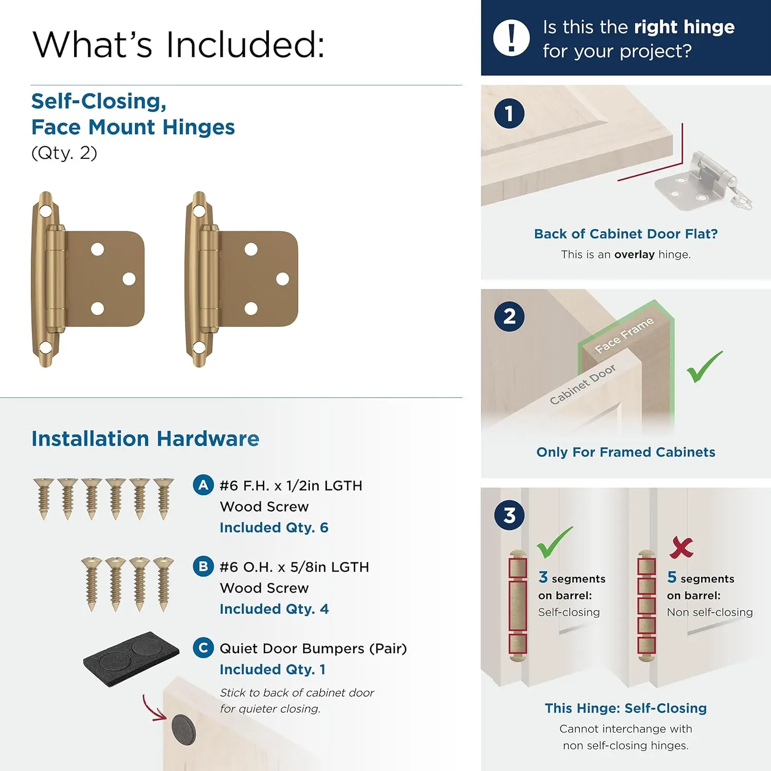 Cabinet Hinge，Variable Overlay Self Closing Face Mount，Champagne Bronze，Kitchen Cabinet Door Hinge，1 Pair/2 Pack