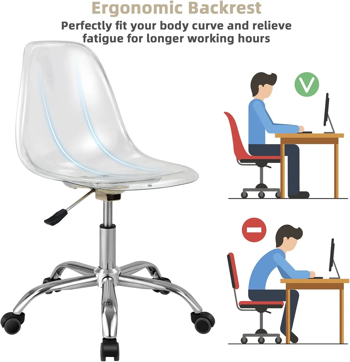 Acrylic Desk Chair, Clear Armless Office Rolling Chair, Height Adjustable Leisure Ghost Chair w/Chromed Base.