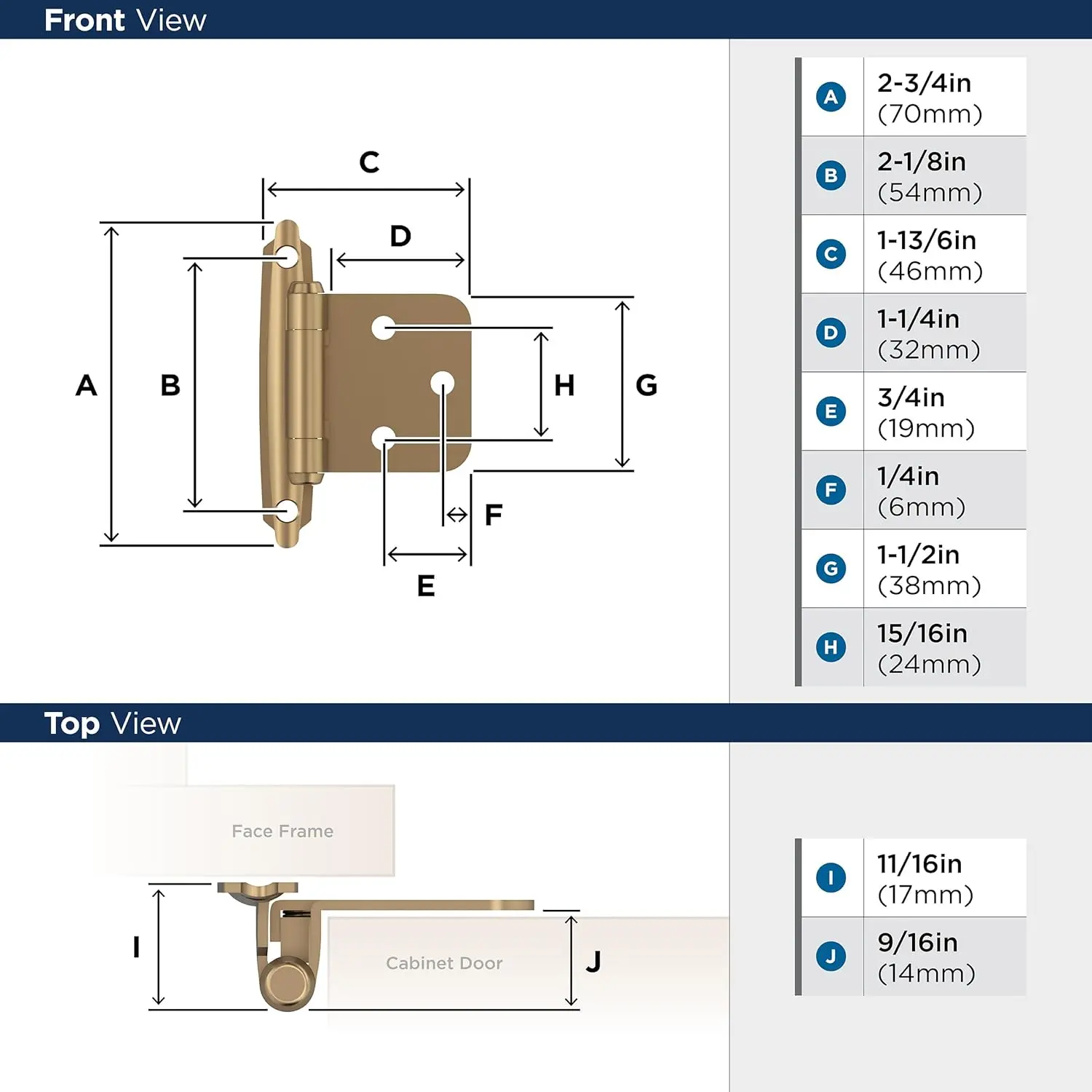 Cabinet Hinge，Variable Overlay Self Closing Face Mount，Champagne Bronze，Kitchen Cabinet Door Hinge，1 Pair/2 Pack