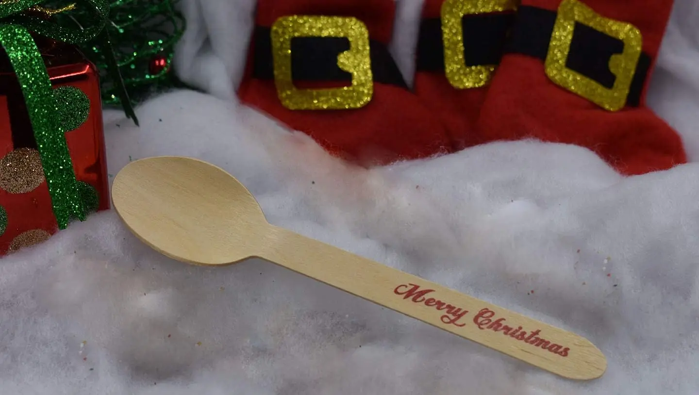 Disposable Wooden Spoons with Merry Christmas Print - 24 pack of Red & 24 pack of Green